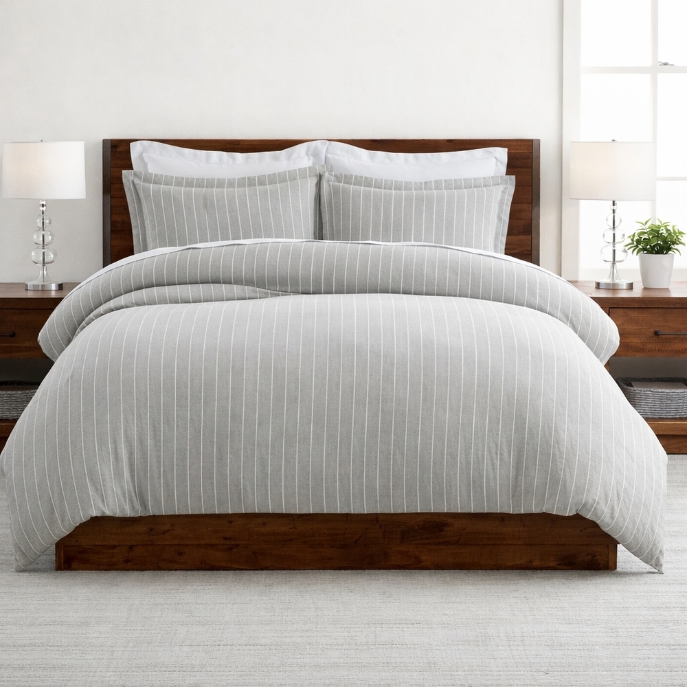 Pottery Barn Belgian Flax Linen Stripe Duvet Cover F/Q Gray NWT